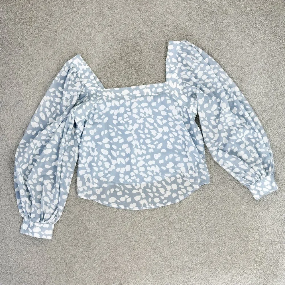 Lucca Petal Print Square‎ Neck Crop Blouse Blue White Large Long Balloon Sleeve